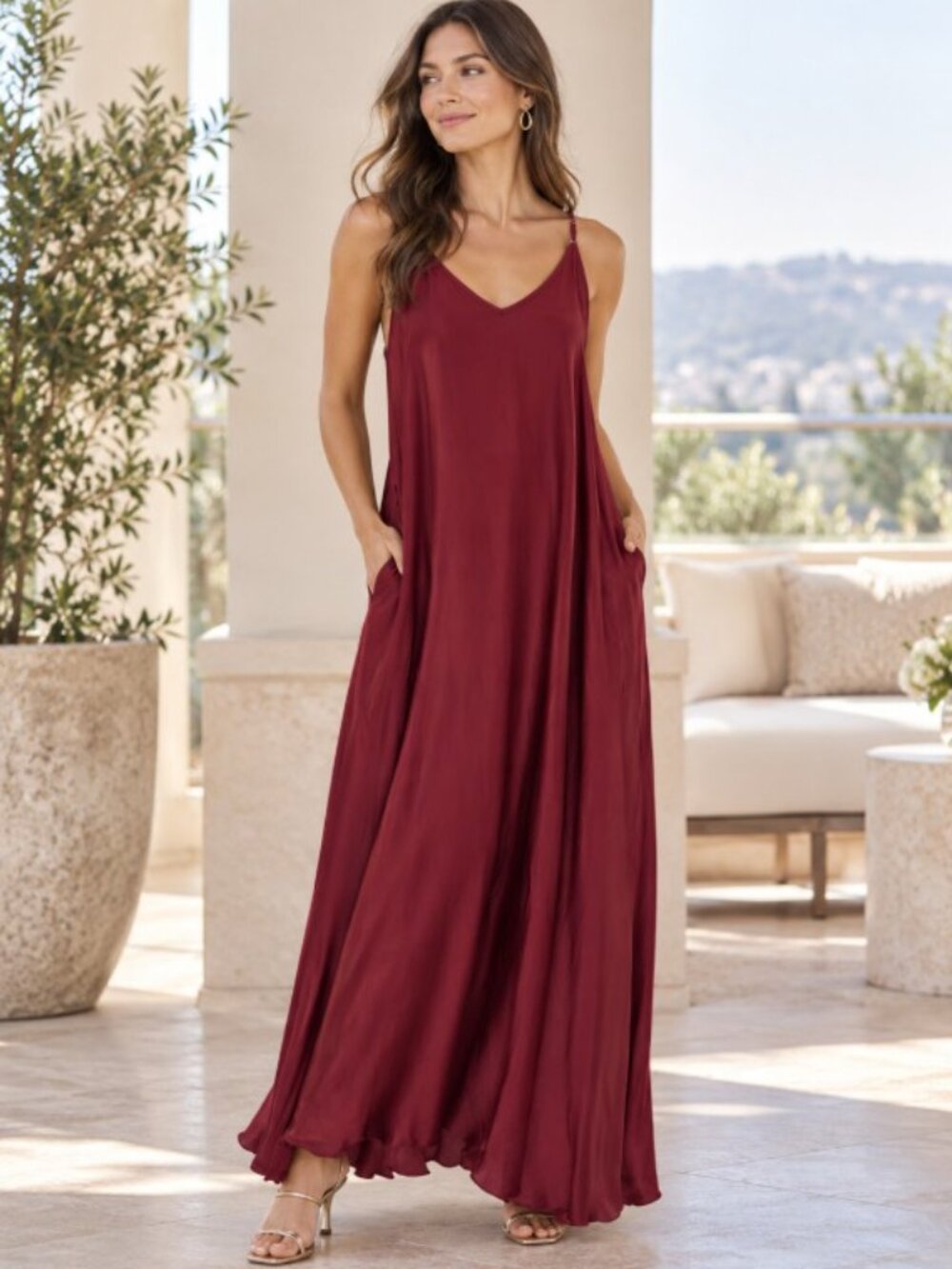 NWT JAKI’s Nyra Slip Satin Maxi Dress in Deep Red.